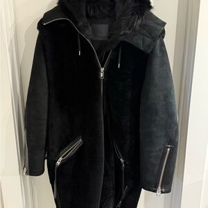 All Saints Black Fur & Suede Midi Jacket with Fur Trim